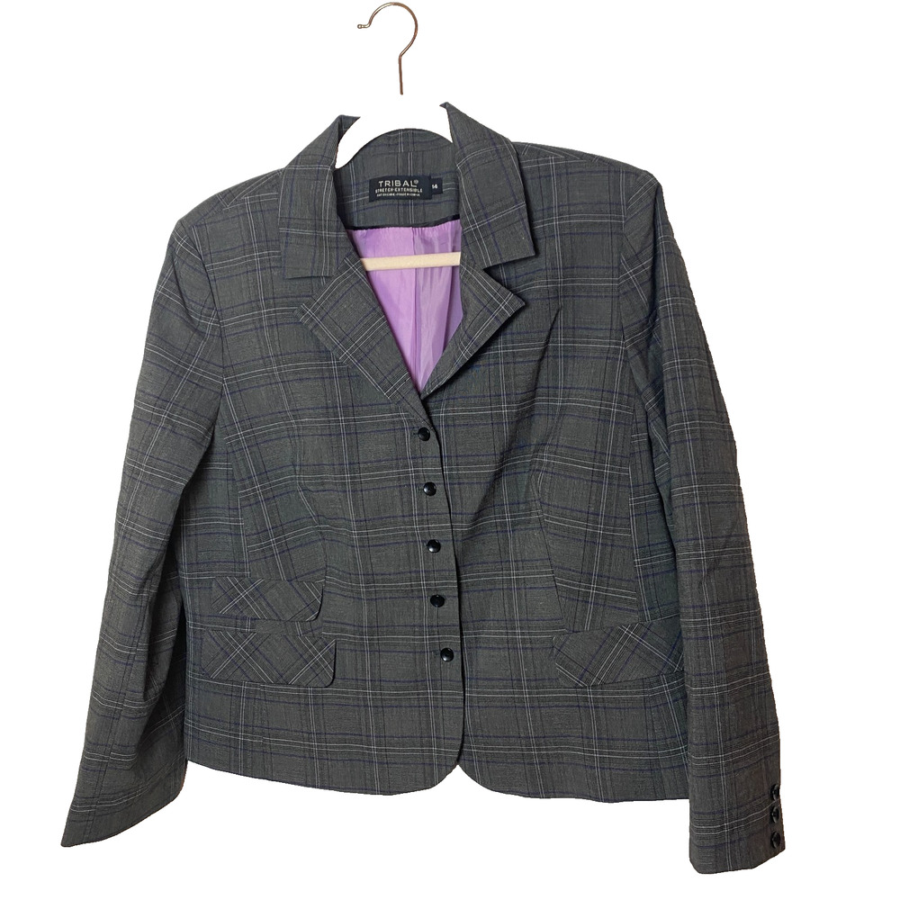 Tribal Stretch Extensible Plaid Slightly Cropped Blazer Sz 14 Dark Academia Gray